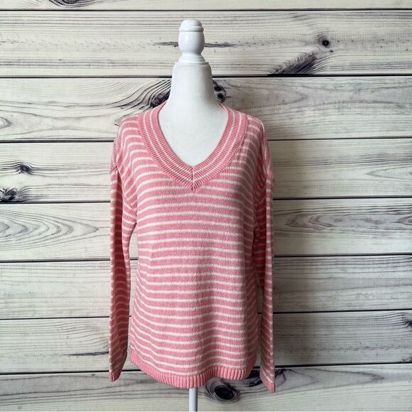 Talbots Pink & White Linen Cotton Blend V Neck Knit Sweater - Picture 3 of 10